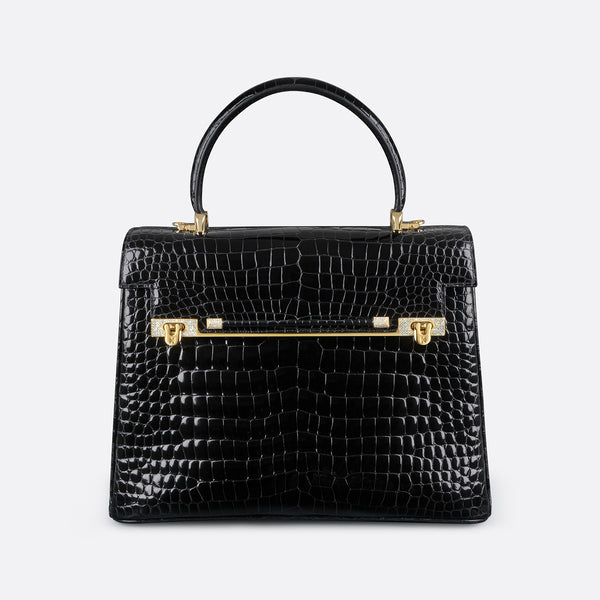 KWANPEN black polished leather gold turnlock crossbody flap satchel bag